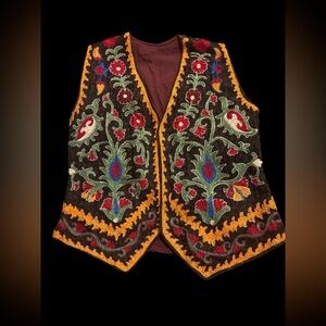 Women’s Vtg Tapestry Vest floral Granny Folk handmade Large Gorgeous